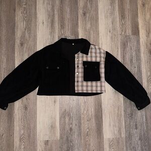 Black and Plaid Cropped Jacket with Button Details